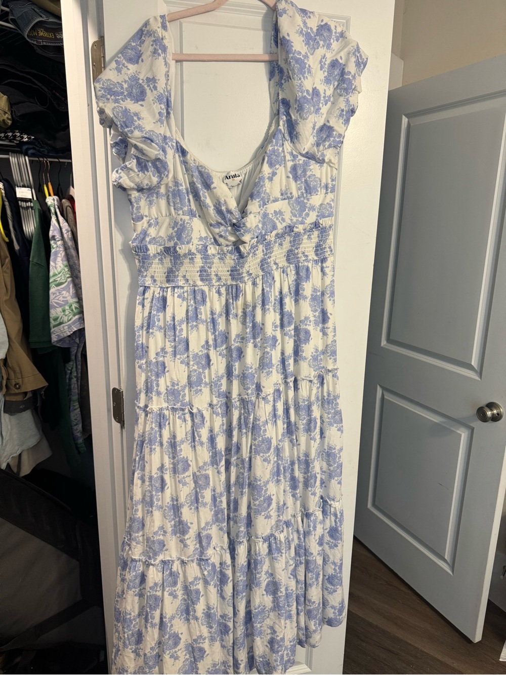 ARULA Blue and White Floral Maxi Dress with Ruffle Sleeves